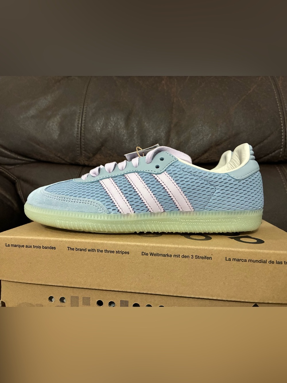 adidas Women’s Samba OG Light Blue Mesh Sneakers with Pale Pink Stripes